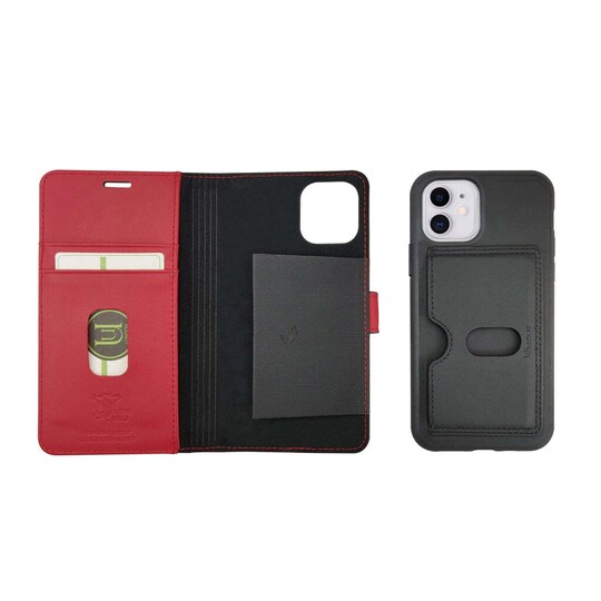 Ympäristöystävällinen Aitoa nahkaa iPhone 11 lompakkokotelo 2 in 1 -Black/Red