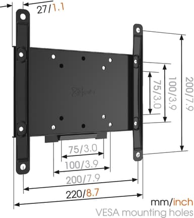 Vogels Seinäteline, MA2000-A1, Kiinteä, 26-40", Enimmäispaino (kapasiteetti) 30 kg, VESA 75x75, 100x100, 200x100, 200x200 mm, musta