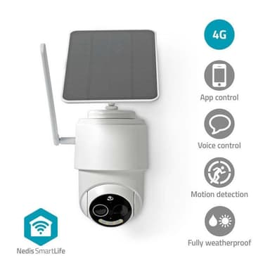 Nedis SmartLife Ulkokamera | 4G | Full HD 1080p | Kääntö/kallistus | IP65 | MicroSD (ei sisälly) / Pilvipalvelutallennus (valinnainen) | 5 V DC | Liiketunnistimella | Yökuvaus | Valkoinen