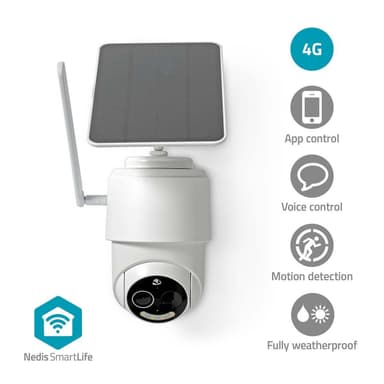 Nedis SmartLife Ulkokamera | 4G | Full HD 1080p | Kääntö/kallistus | IP65 | MicroSD (ei sisälly) / Pilvipalvelutallennus (valinnainen) | 5 V DC | Liiketunnistimella | Yökuvaus | Valkoinen