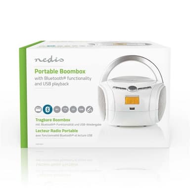 Nedis CD-Radiosoitin | Paristokäyttöinen / Verkkovirtakäyttöinen | Stereo | 9 W | Bluetooth® | FM | USB-toisto | Kantokahva | Valkoinen