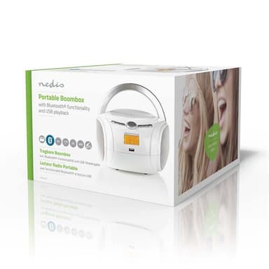 Nedis CD-Radiosoitin | Paristokäyttöinen / Verkkovirtakäyttöinen | Stereo | 9 W | Bluetooth® | FM | USB-toisto | Kantokahva | Valkoinen