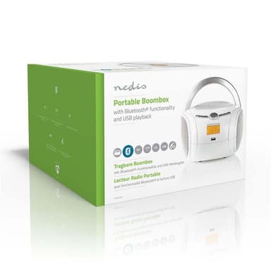 Nedis CD-Radiosoitin | Paristokäyttöinen / Verkkovirtakäyttöinen | Stereo | 9 W | Bluetooth® | FM | USB-toisto | Kantokahva | Valkoinen