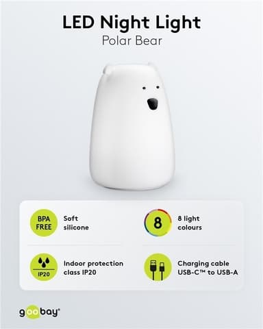 Goobay LED-nattlampa ""Isbjörn"" varmvitt ljus och 7 färgskiftningar (RGB-ljus), med 3 ljuslägen, beröringssensor och Li-ion-batteri (3,7 V/1200 mAh), tillverkat av mjukt silikon