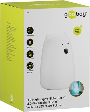 Goobay LED-nattlampa ""Isbjörn"" varmvitt ljus och 7 färgskiftningar (RGB-ljus), med 3 ljuslägen, beröringssensor och Li-ion-batteri (3,7 V/1200 mAh), tillverkat av mjukt silikon