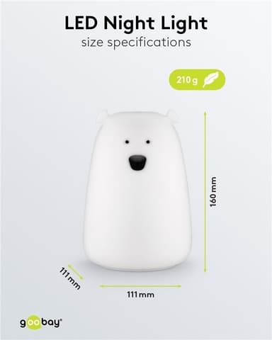 Goobay LED-nattlampa ""Isbjörn"" varmvitt ljus och 7 färgskiftningar (RGB-ljus), med 3 ljuslägen, beröringssensor och Li-ion-batteri (3,7 V/1200 mAh), tillverkat av mjukt silikon