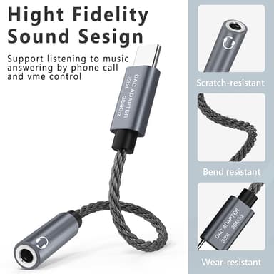 32 bit / 384 kHz USB-C - 3,5 mm äänisovitinkaapeli DAC-sovitin Harmaa
