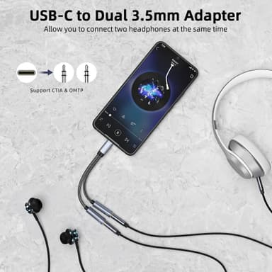 USB-C-kahdelle 3,5 mm:n äänisovitinkaapelille Musta