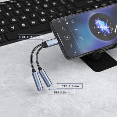 USB-C-kahdelle 3,5 mm:n äänisovitinkaapelille Musta