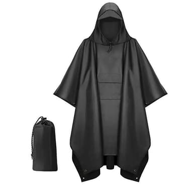Monikäyttöinen hupullinen sadeponcho / telttapeite / katos retkeilyyn Musta