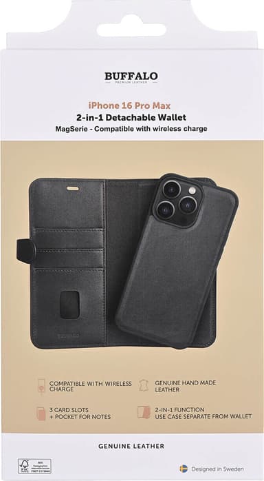 Buffalo iPhone 16 Pro Max 2in1 Leather MagSeries lompakkokotelo (mus.)