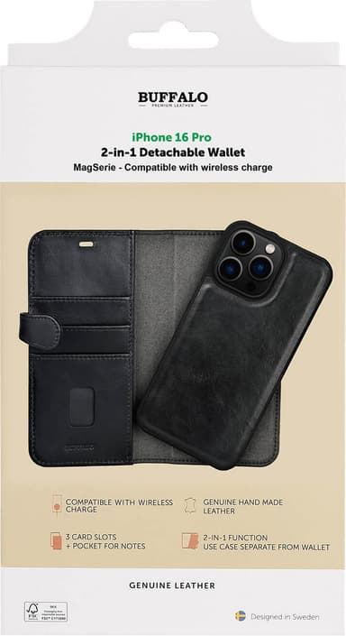 Buffalo iPhone 16 Pro 2in1 Leather MagSeries lompakkokotelo (musta)