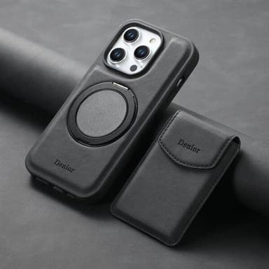 Keinonahkakotelo, jossa on magneettinen kortinpidike iPhone 16 Plus -puhelimelle, jossa on irrotettava kiinnike - Musta