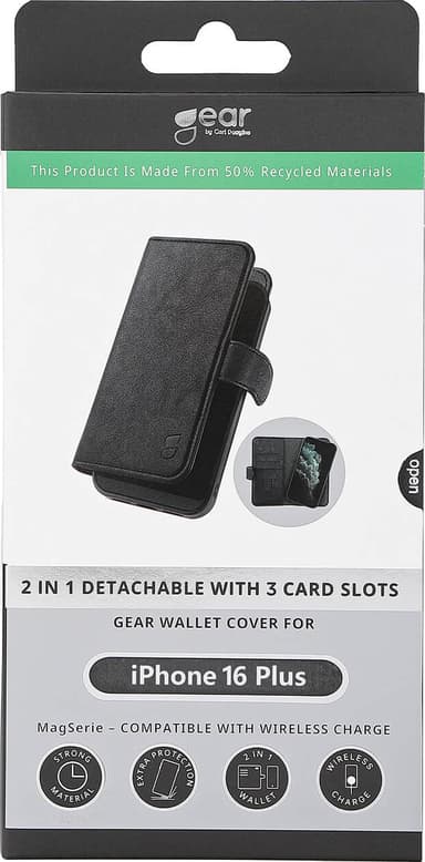 Gear iPhone 16 Plus 2in1 lompakkokotelo (musta)