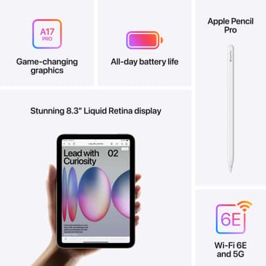 iPad mini A17 Pro Wi-Fi + Cellular 128 GB (tähtivalkea)