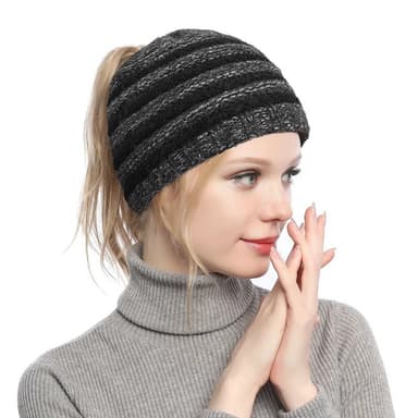 Naisten Stretch Knit Hat Ponytail Pipo Hatut Lämpimät Talvilakit Musta