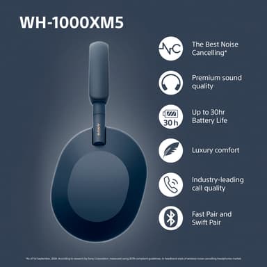 Sony WH-1000XM5 langattomat around-ear kuulokkeet (Midnight Blue)