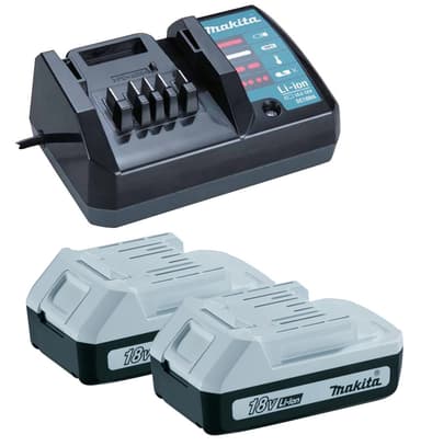 Makita laukku HP457DWE:lle sis. 2 kpl BL1815G 18V 1,5Ah akkuja + 1 laturi DC18WA (ei sisällä konetta)