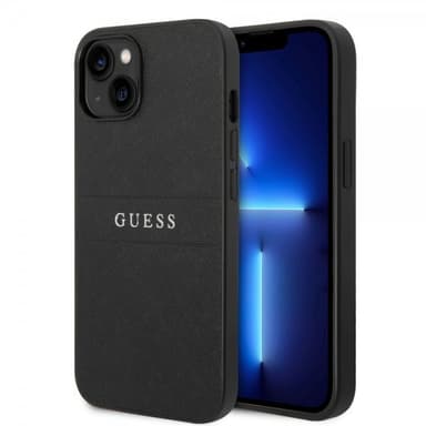 Guess iPhone 14 Plus Kuori Saffiano Metal Logo Stripes Musta