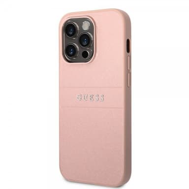 Guess iPhone 14 Pro Max Kuori Saffiano Metal Logo Stripes Vaaleanpunainen