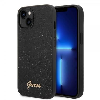 Guess iPhone 14 Plus Kuori Glitter Flakes Metal Logo Musta