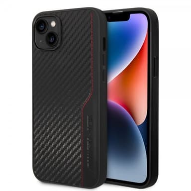 AMG iPhone 14 Plus Kuori Carbon Effect Stamped Logo Musta