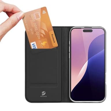 Dux Ducis Skin Pro lompakkokotelo iPhone 16 Pro Maxille, jossa on korttitasku ja jalusta - musta