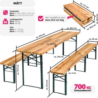 Pöytä- ja penkkisarja, kokoontaitettava 3-osainen 219cm -