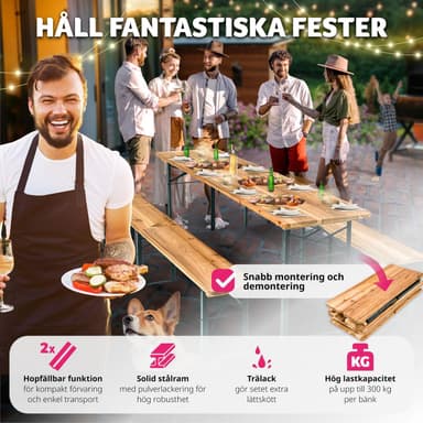 Pöytä- ja penkkisarja, kokoontaitettava 3-osainen 219cm -