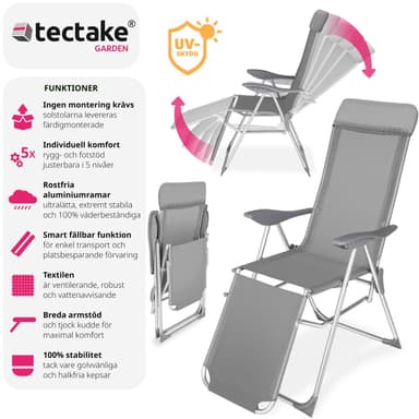 Taitettavat alumiiniset puutarhatuolit päätuella ja jalkatuella (2 kpl) -