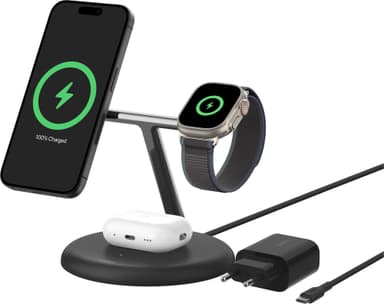 Belkin BoostCharge Pro 3-in-1 Qi2 langaton latausteline (musta)