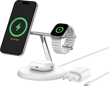 Belkin BoostCharge Pro 3-in-1 Qi2 langaton latausteline (valkoinen)
