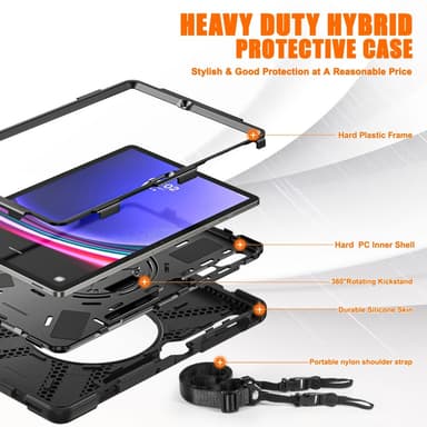 SKALO Samsung Tab S9+/S9 FE+ Extra Shock Resistant Armor Handle Kuori Olkahihnalla - Musta