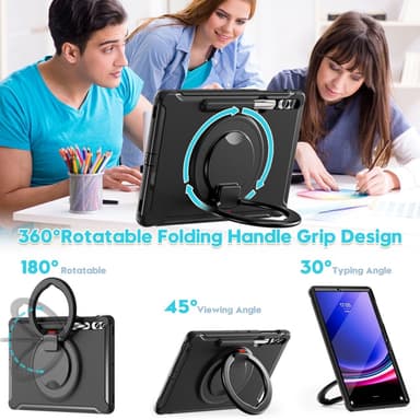 SKALO Samsung Tab S9+/S9 FE+ Extra Shockproof Armor 360 Kahva/Tripod Suojakuori - Musta