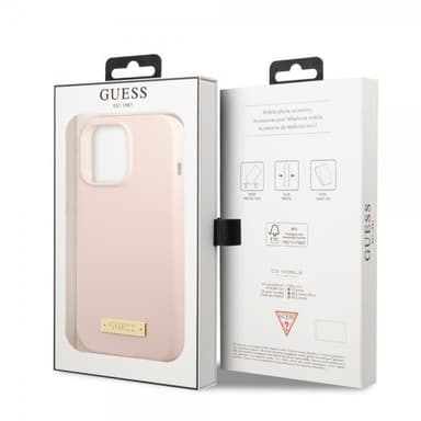 Guess iPhone 13 Pro Max Kuori Silicone Metal Plate MagSafe Vaaleanpunainen