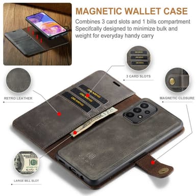 DG MING Samsung A23 5G 2-in-1 magneetti lompakkokotelo - Harmaa