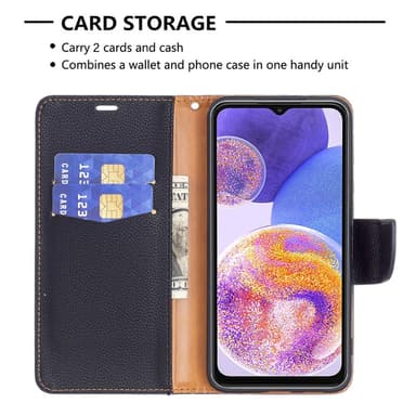 SKALO Samsung A23 5G Premium Litchi Lompakkokotelo - Musta