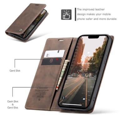 CASEME Retro lompakkokotelo iPhone 14 Prolle - tummanruskea