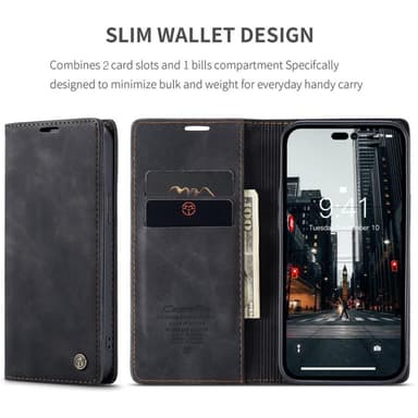 CASEME Retro lompakkokotelo iPhone 14 Prolle - Musta