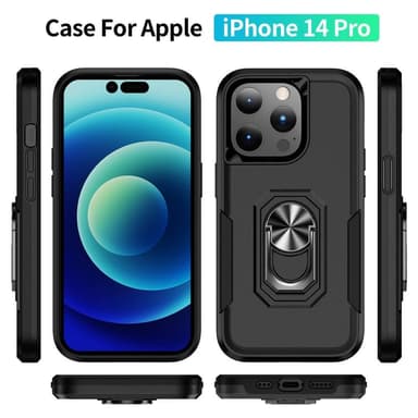iPhone 14 Pro iskunkestävä TPU+PC Kickstand Puhelinkotelo Autoon kiinnitettävä metallilevy - musta