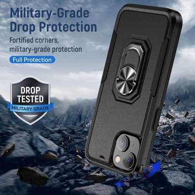 iPhone 14 Iskunkestävä TPU+PC Kickstand Puhelinkotelo Autoon kiinnitettävä metallilevy - musta