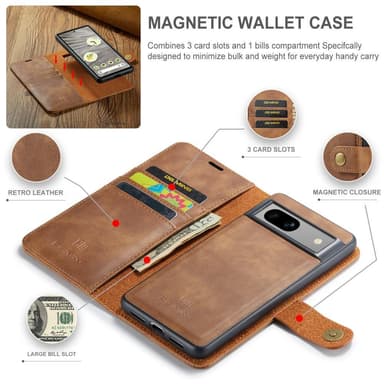 DG MING Google Pixel 7a 2-in-1 magneetti lompakkokotelo - Ruskea