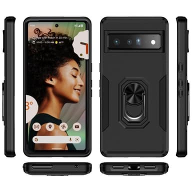 Google Pixel 7 Pro iskunkestävä TPU+PC Kickstand -puhelinkotelo autoteline metallilevy - musta