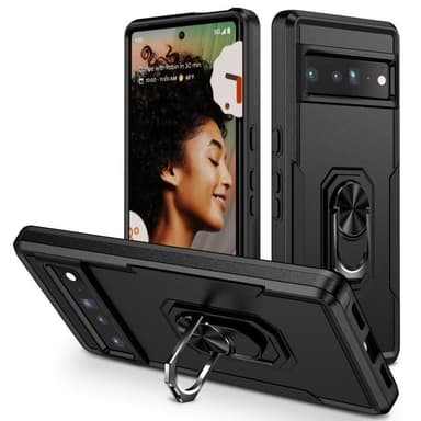 Google Pixel 7 Pro iskunkestävä TPU+PC Kickstand -puhelinkotelo autoteline metallilevy - musta
