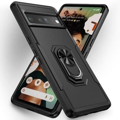 Google Pixel 7 Pro iskunkestävä TPU+PC Kickstand -puhelinkotelo autoteline metallilevy - musta