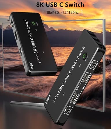 NÖRDIC 2–2 KVM-kytkin USB-C ja Displayport 1xDP 1xHDMI 8K 60Hz 3xUSB-A