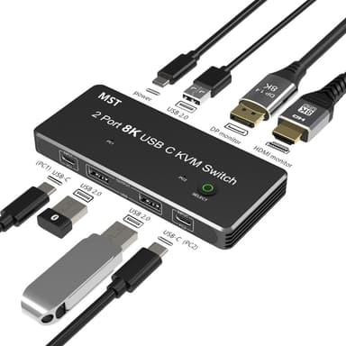 NÖRDIC 2–2 KVM-kytkin USB-C ja Displayport 1xDP 1xHDMI 8K 60Hz 3xUSB-A
