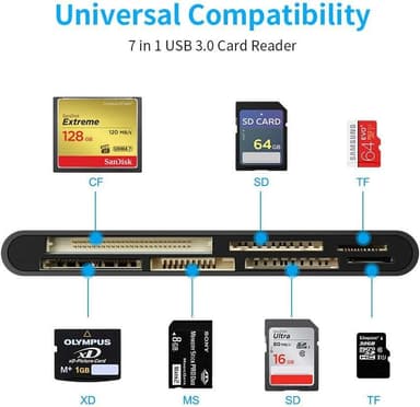 NÖRDIC USB-A kortinlukija 7 korttipaikkaa 1xCF, 2xSD, 2xMicroSD, 1xMS, 1xXD UHS-I