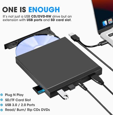 NÖRDIC Kannettava CD-poltin ja soitin sekä USB-keskitin SD/TD-kortinlukijalla