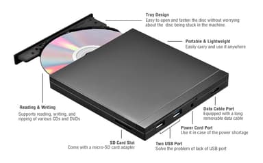 NÖRDIC Kannettava CD-poltin ja soitin sekä USB-keskitin SD/TD-kortinlukijalla